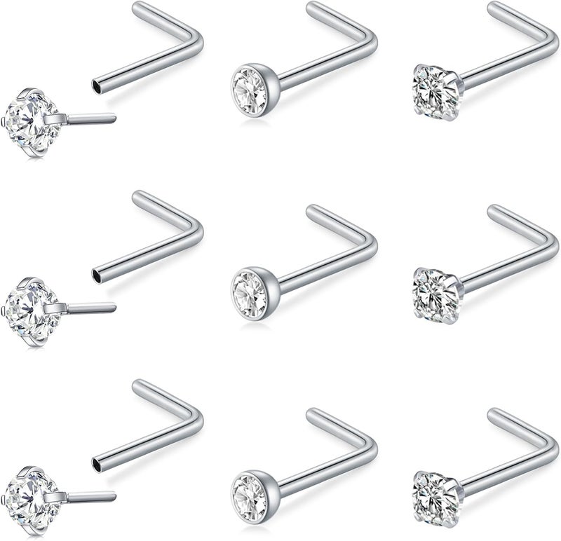 Mayhoop 20G Nose Rings Studs 316L Surgical Stainless Steel L Shape Bone Diamond Heart Corkscrew Nose Ring Nostril Piercing Jewelry For Women Men - Image 1
